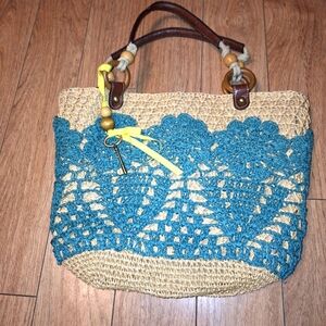 Fossil Raffia Beach Bag/Tote, Creamy Brown & Turquoise Outside Style#ZB8…